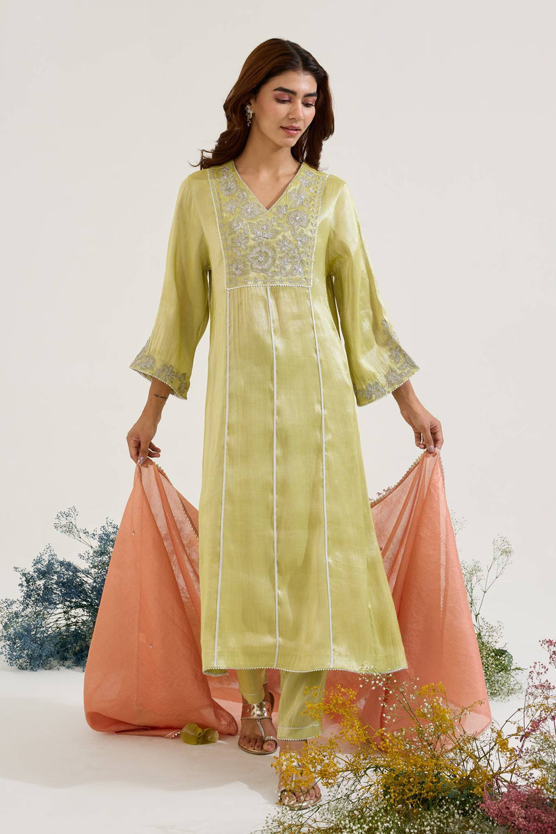 Lime Floral Zari Tissue Anarkali with Narrow Pants and Dupatta - Set of 3