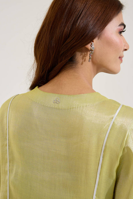 Lime Floral Zari Tissue Anarkali with Narrow Pants - Set of 2