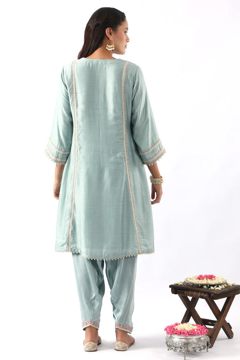 Ice Blue Embroidered A-Line Kurta & Salwar Set