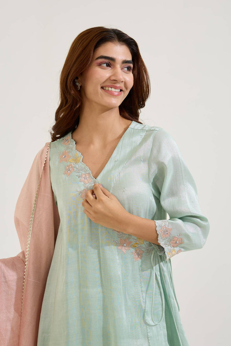 Mint Floral Zari Tissue Angrakha with Narrow Pants and Dupatta - Set of 3
