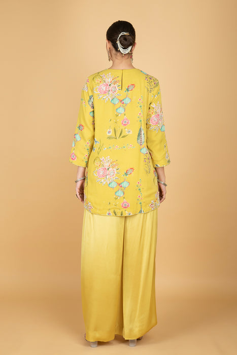 Lemon Yellow Floral Print Embroidered Overlay Top  W/Pants
