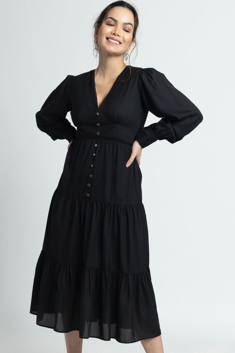 Midnight Black V Midi Dress