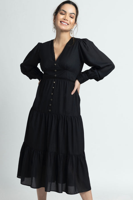 Midnight Black V Midi Dress