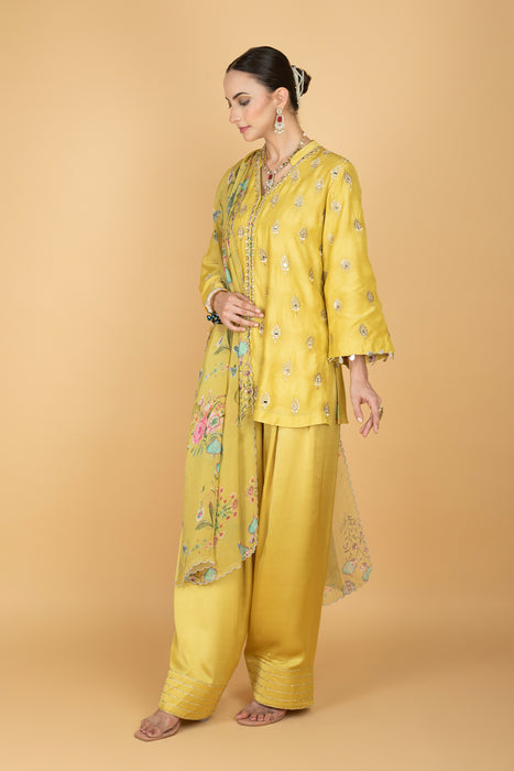 Lime Yellow Mirror Butti Embroidered Short Kurta with Farsi Salwar & Printed Dupatta