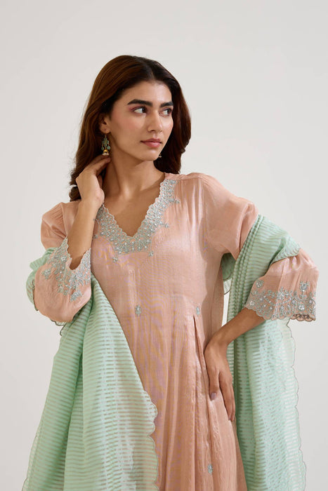 Rose Mint Dori Tissue Kurta with Wide Leg Pants - Set of 2