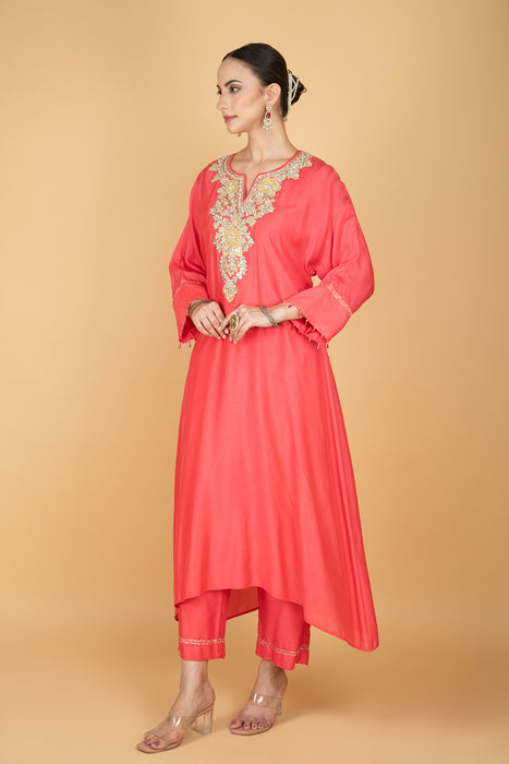 Coral Pink  Embroidered Kaftaan  Kurta With Pants