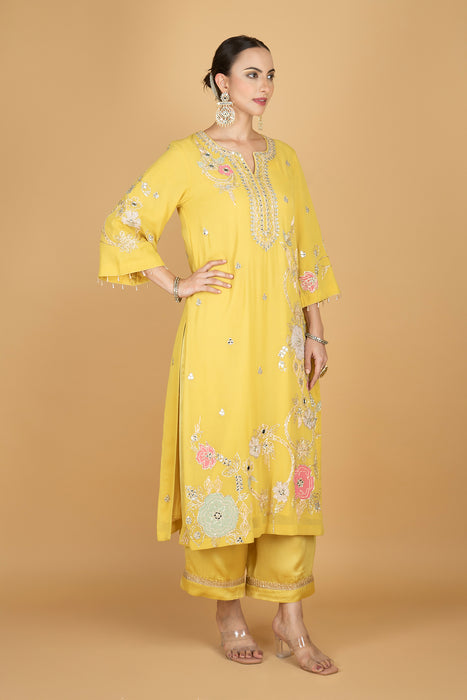Lime Yellow  Embroidered Kurta W/Pant & Dupatta