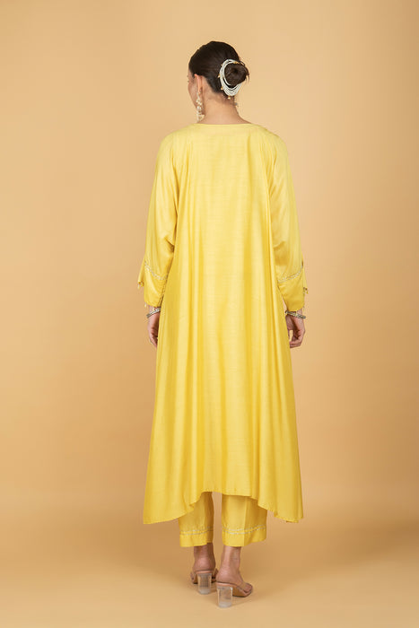 Lemon Yellow Embroidered Kaftaan  Kurta With Pants