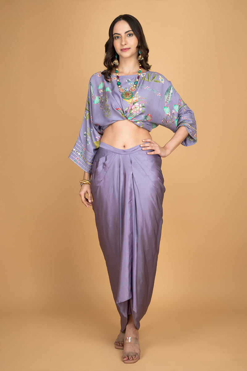 Purple Printed Embroidered High Low Top W/Drape Skirt