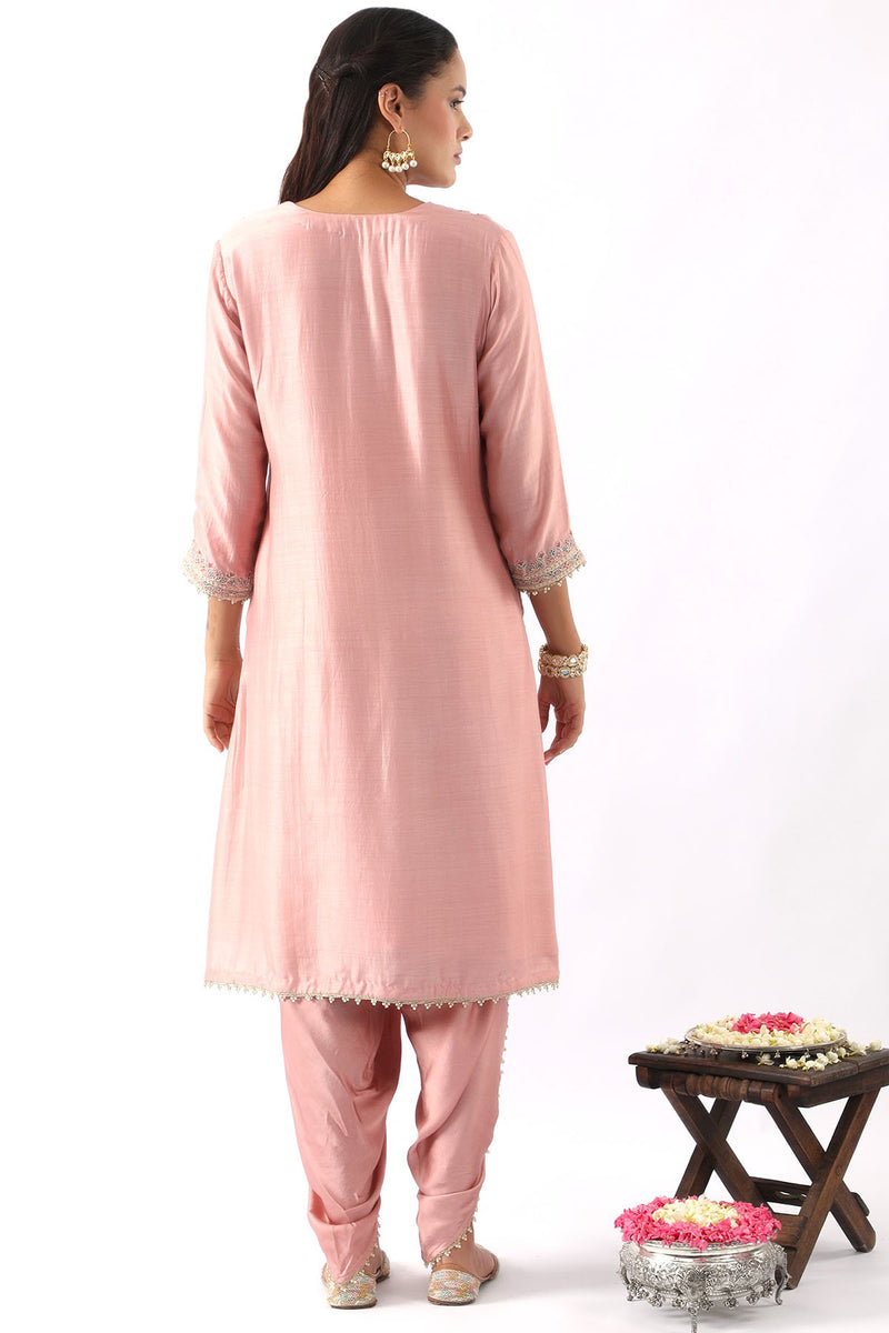 Pink Embroidered A-Line Kurta & Dhoti Set