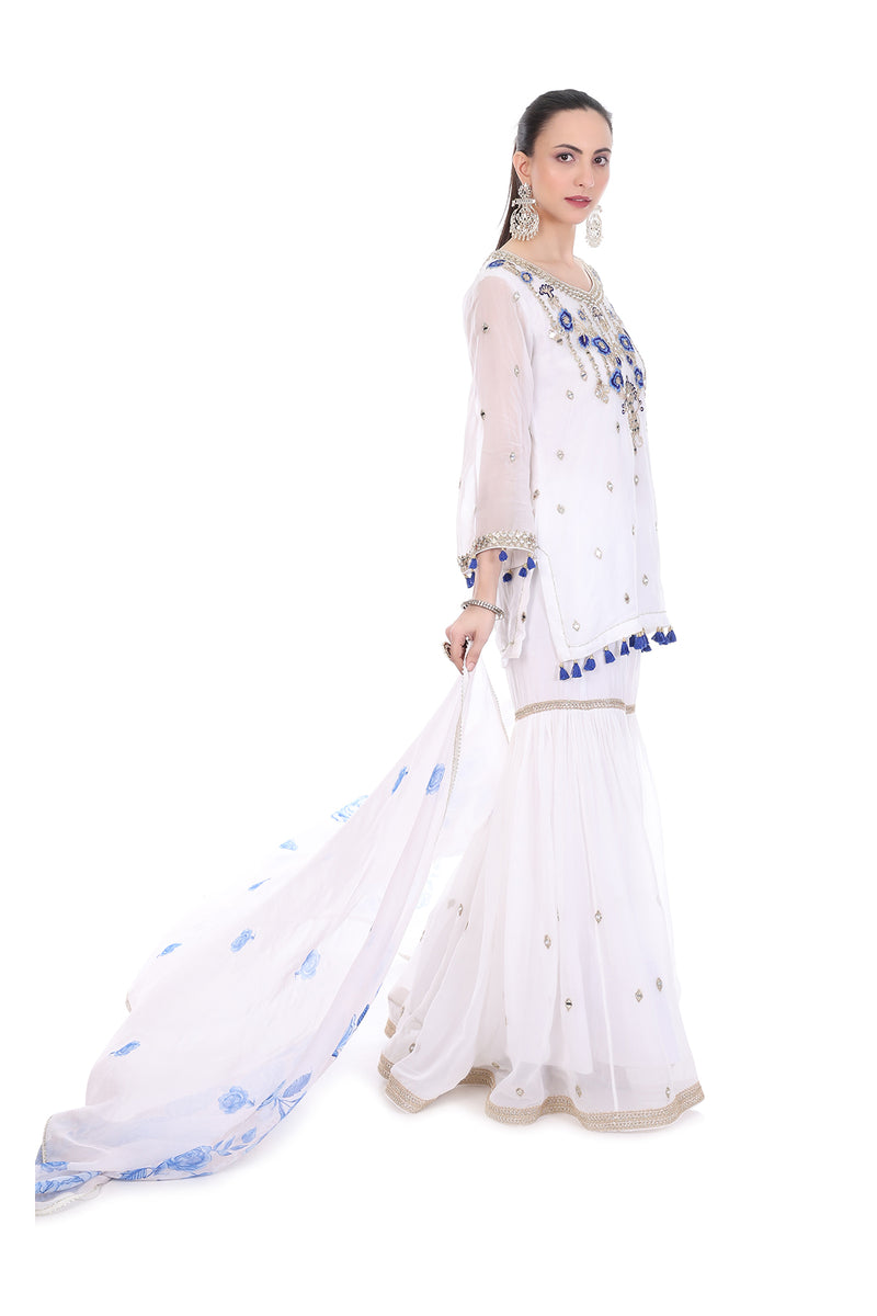 White Short Kurta Mirror Embroidered Sharara & Printed Dupatta