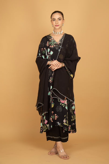 Black Floral Printed Sequin Embroidery Kurta with Pant & Dupatta Set