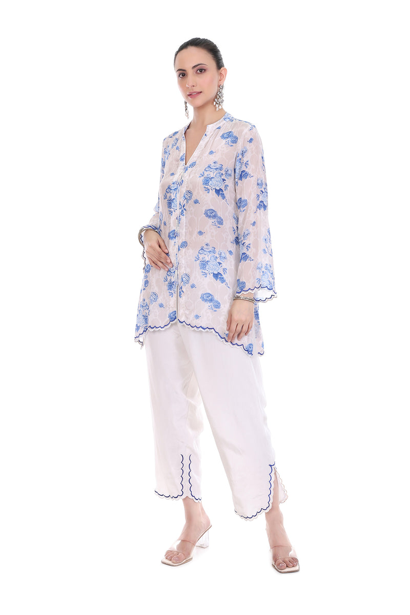 Blue White Floral Printed Cord Set
