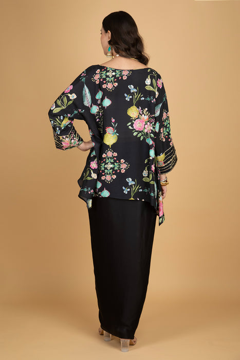 Black Printed Embroidered High Low Top W/Drape Skirt