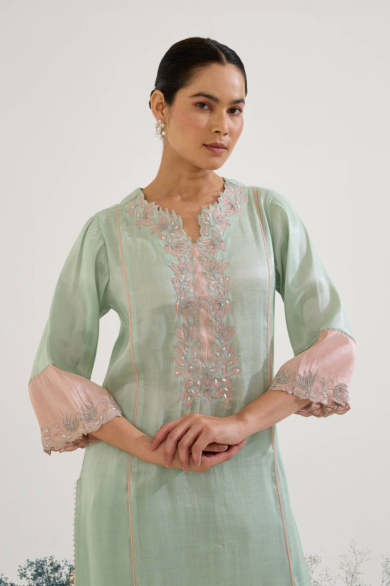 Mint Lotus Applique Tissue Kurta with Narrow Pants and Dupatta - Set of 3