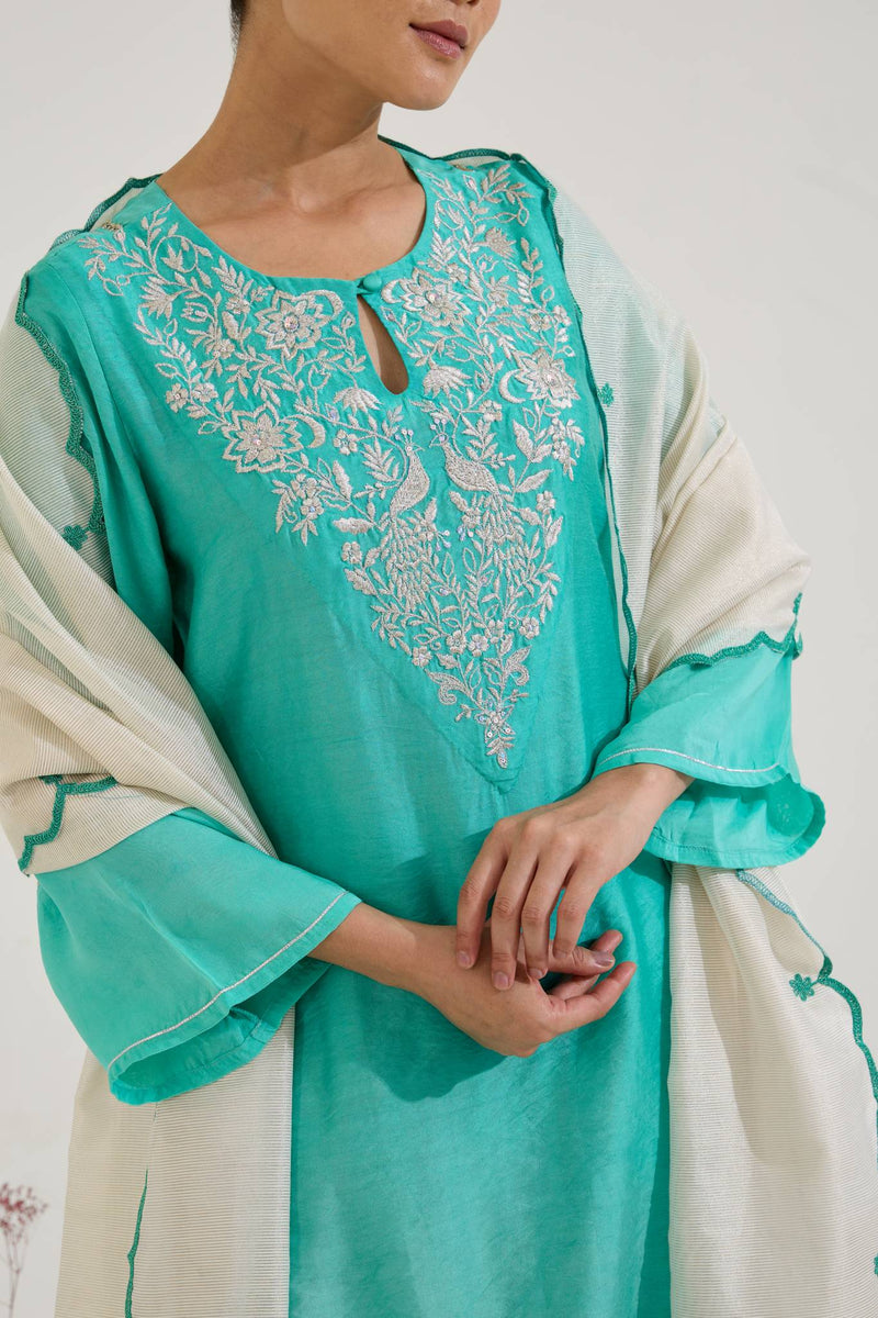 Aqua Green Zari Kurta with Farsi Salwar - Set of 2