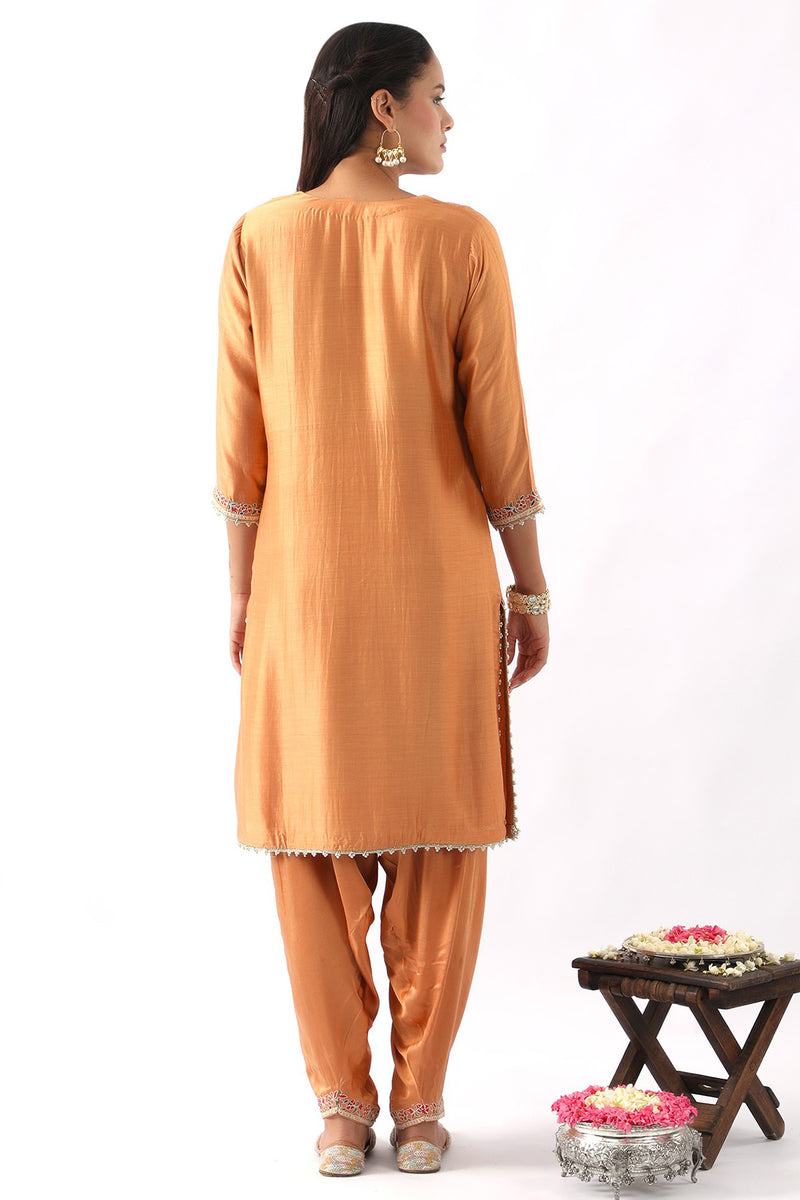 Orange Neck Embroidered Kurta & Salwar Set