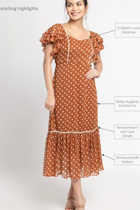 Brown Polka Midi Dress
