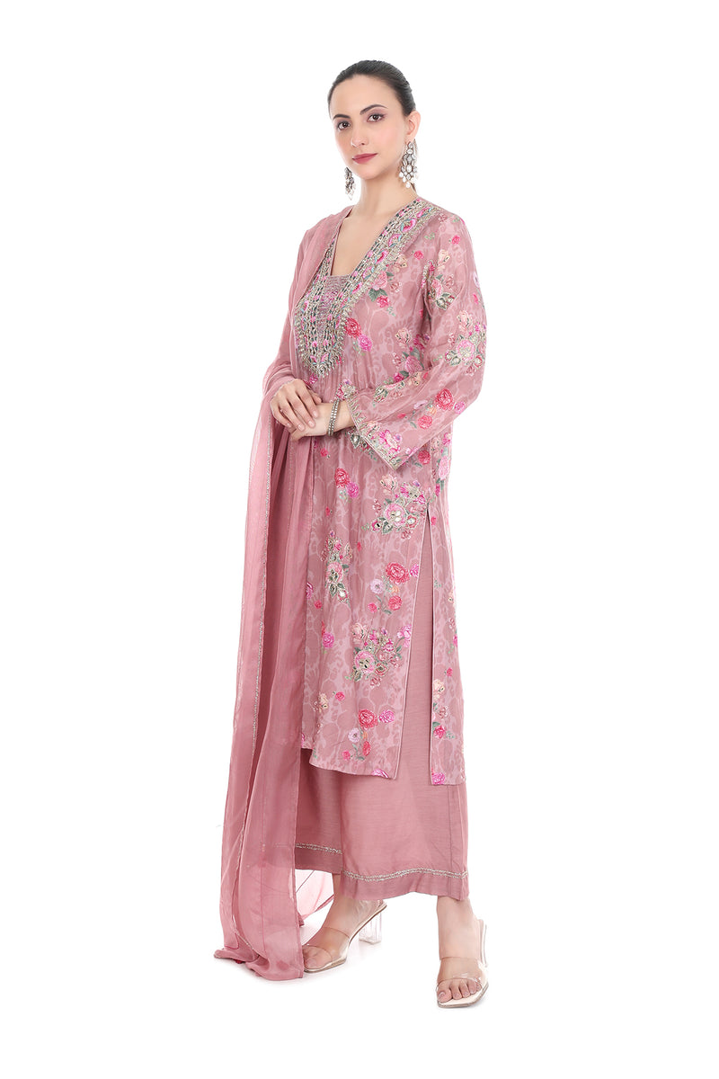 Pink Embroidered Floral Printed Kurta Set