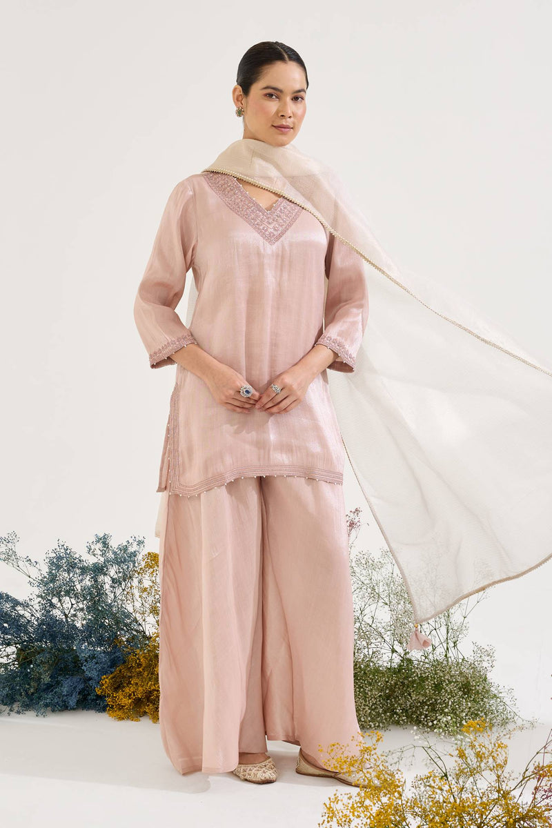 Old Pink Charm Tissue Kurta with Sharara and Dupatta - Set of 3