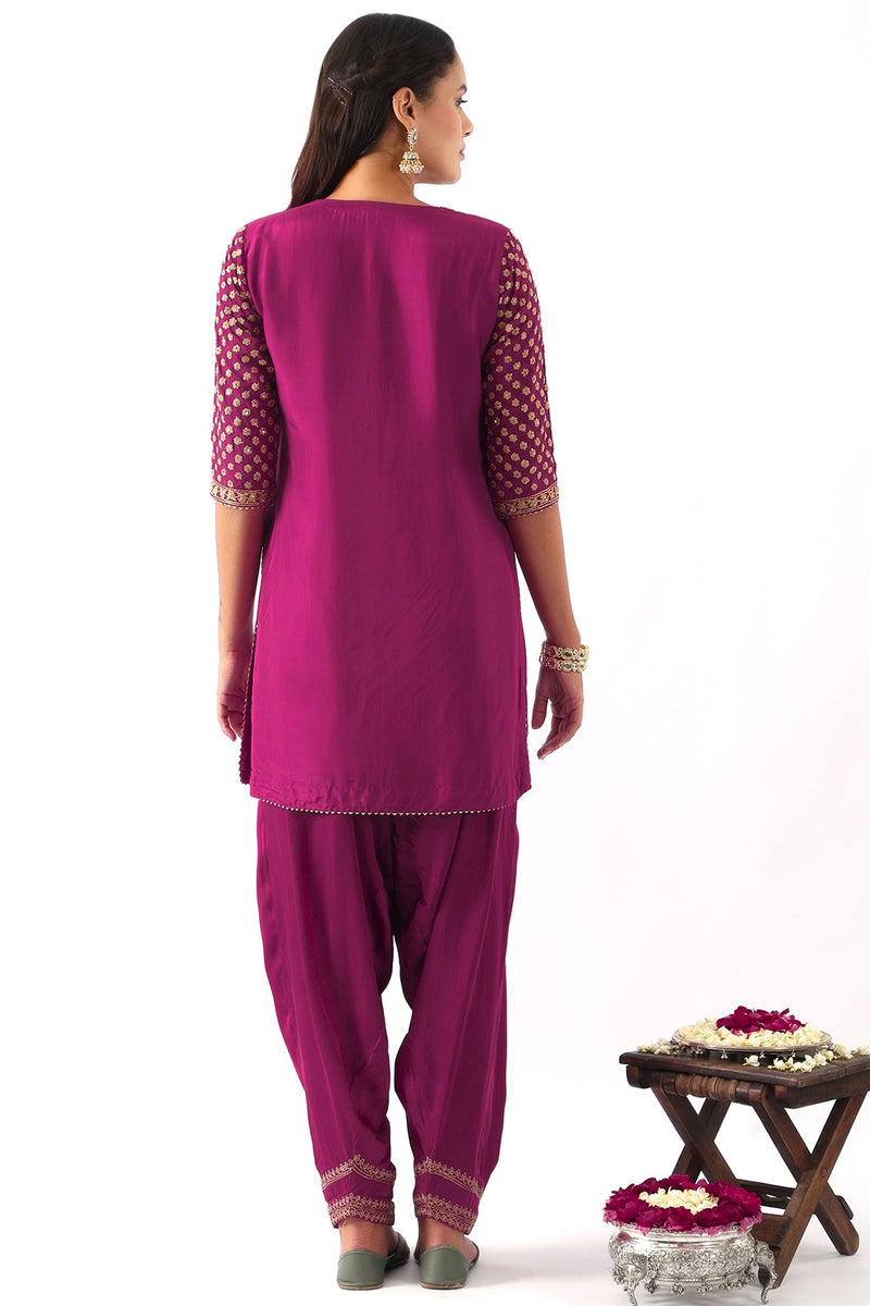 Magenta Pink yoke & sleeve embroidered short kurta & Salwar set