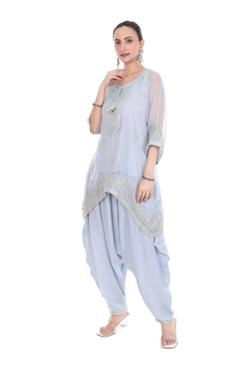 Blue Embroidered High Low Kaftaan  with Heram Pants