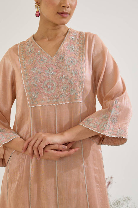 Pink Floral Zari Tissue Anarkali with Narrow Pants - Set of 2