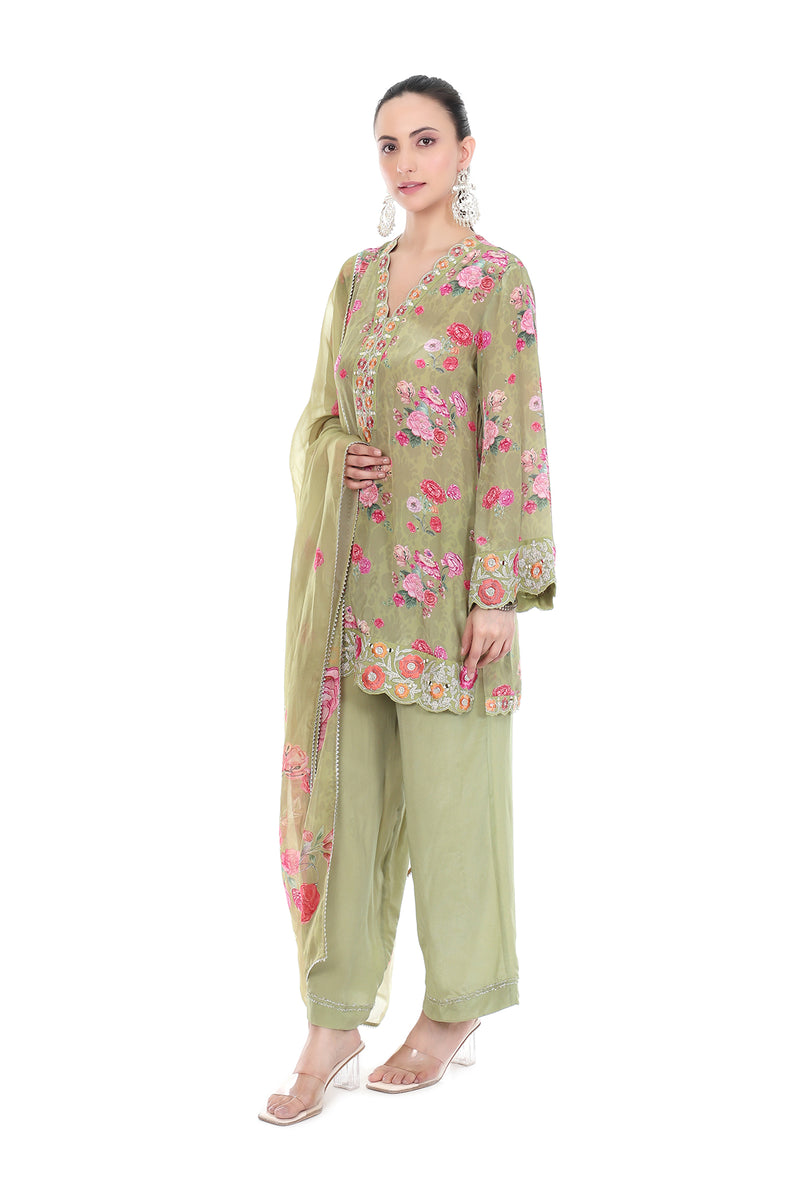 Green Embroiderd Floral Short Kurta Set
