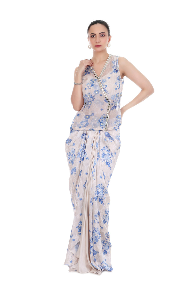 Blue White Sleeveless Jacket with Bustier & Drape Skirt