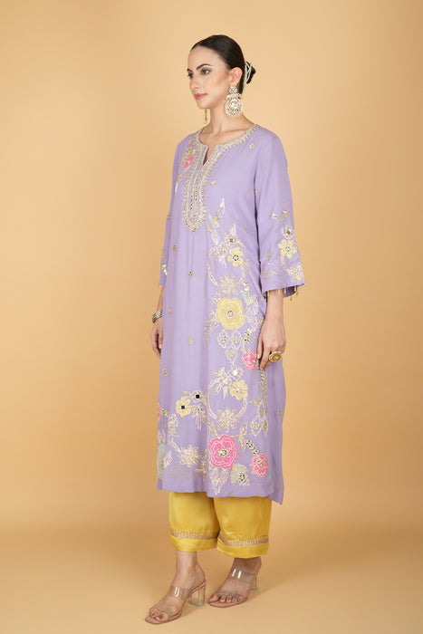 Purple Embroidered Kurta W/Contrasting Pant & Shaded Dupatta