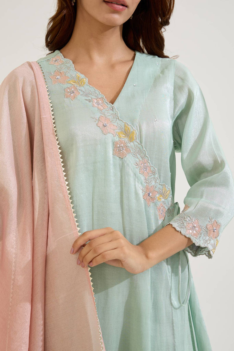 Mint Floral Embroidered Zari Chanderi Stripe with Tissue Panel Dupatta