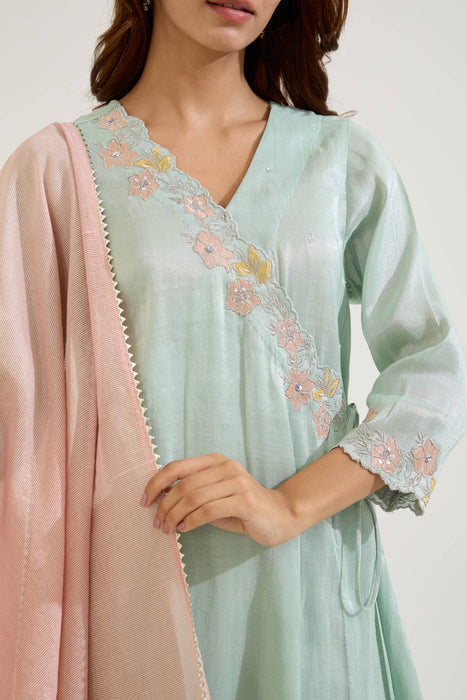 Mint Floral Embroidered Zari Chanderi Stripe with Tissue Panel Dupatta