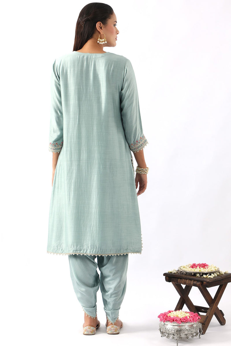 Ice Blue Embroidered A-Line Kurta & Dhoti Set