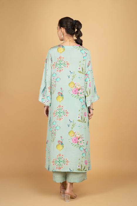 Green Floral Printed Sequin Embroidery Kurta with Pant & Dupatta Set