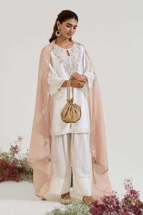 Rosy White Zari Kurta with Farsi Salwar and Dupatta - Set of 3