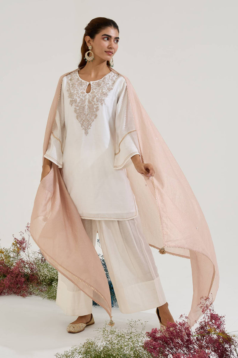 Rosy White Zari Scallop Chanderi Stripe Dupatta