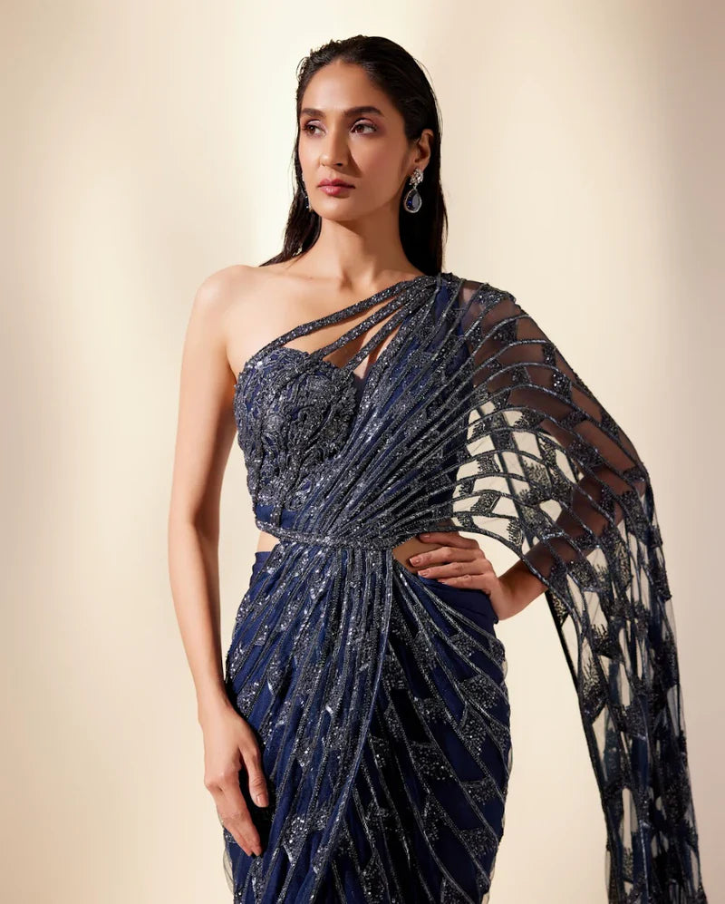 Midnight Blue Draped Drizzle Saree