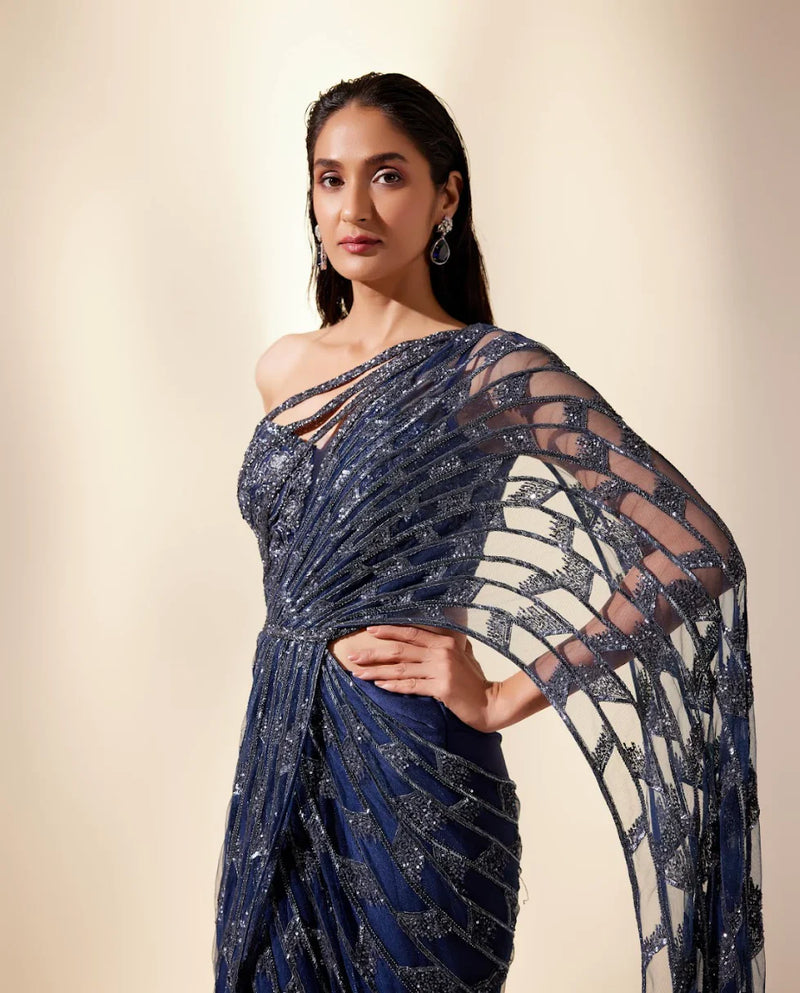 Midnight Blue Draped Drizzle Saree