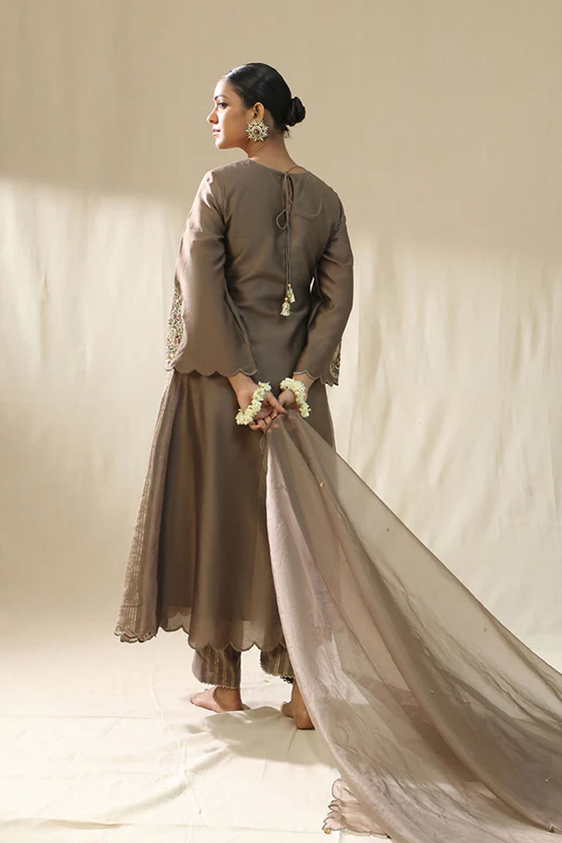 Mocha Ambi A Line Suit Set,Dori Zardozi Resham