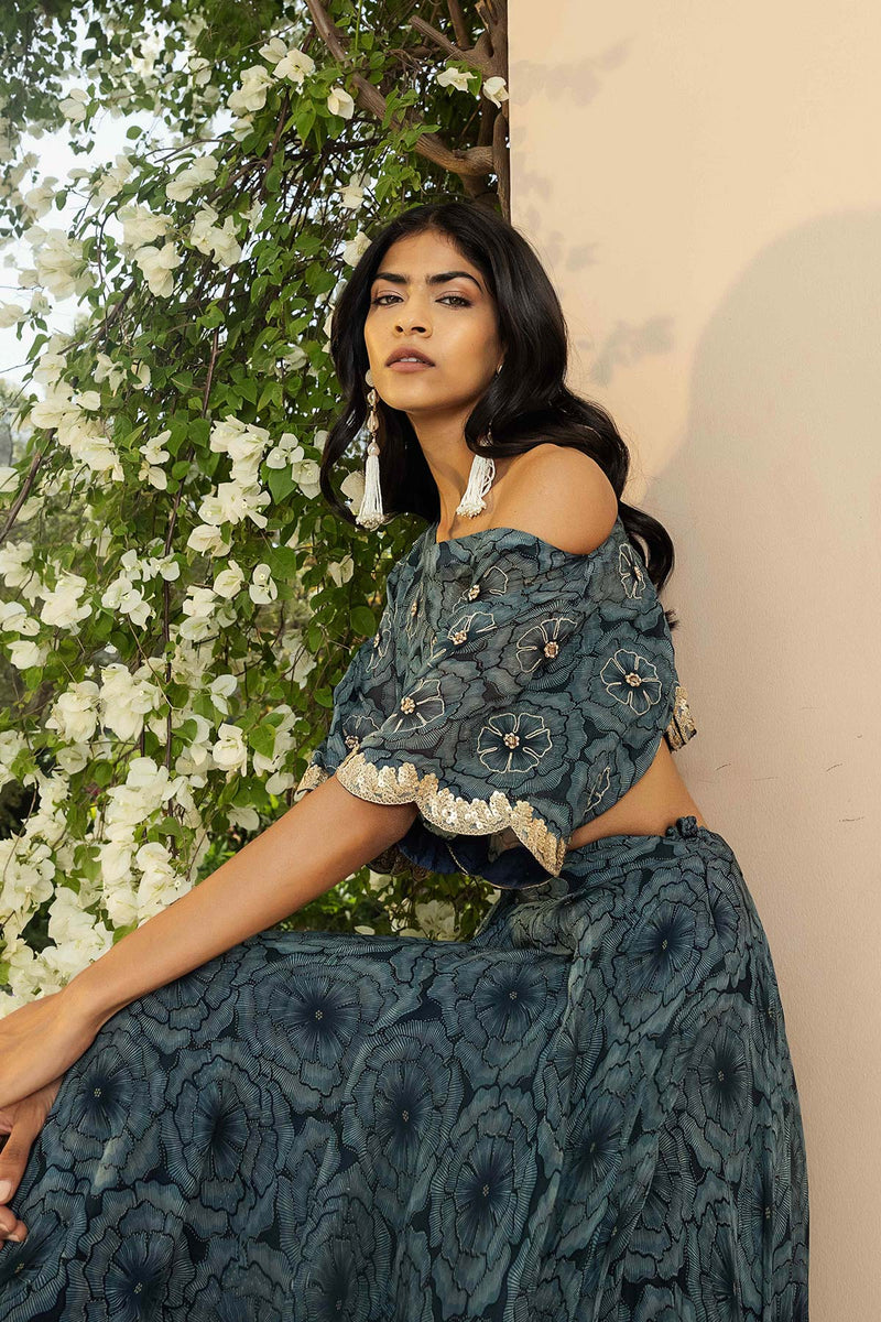 Bahaar Teal Off-Shoulder Lehenga Set