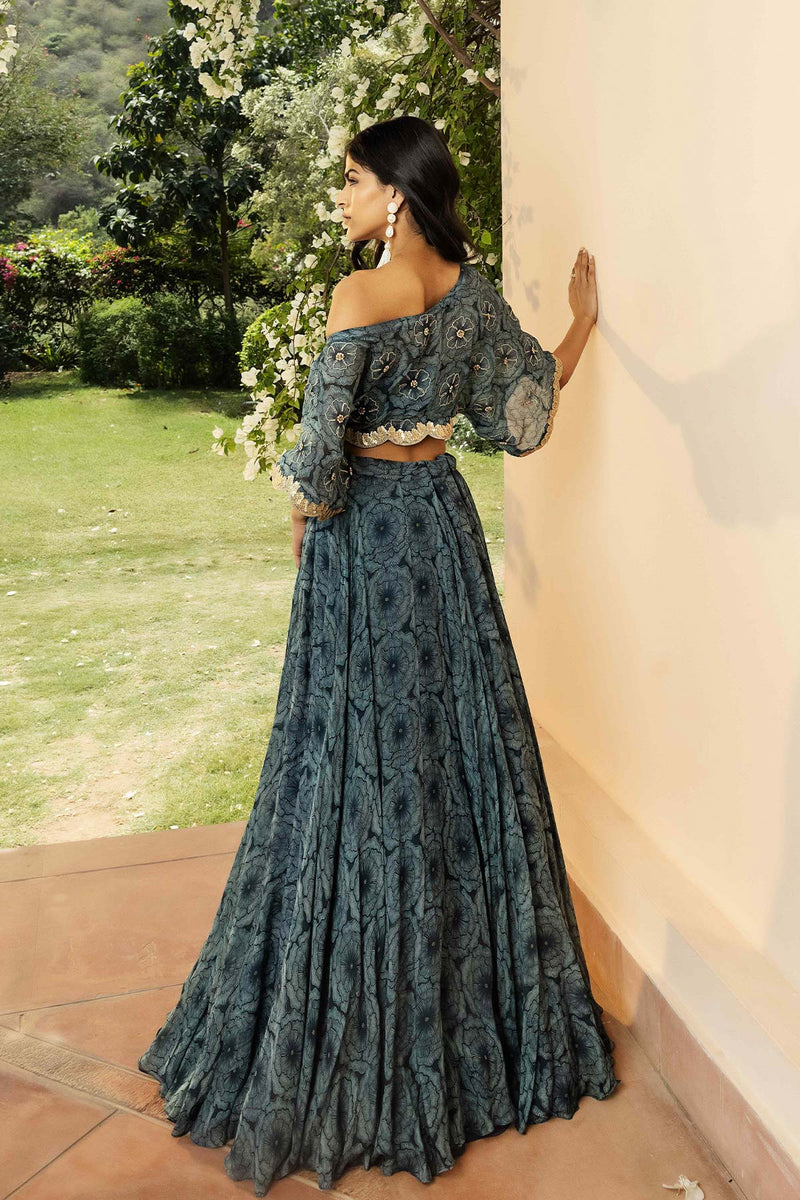 Bahaar Teal Off-Shoulder Lehenga Set