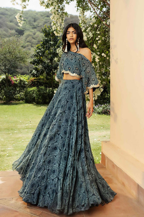 Bahaar Teal Off-Shoulder Lehenga Set