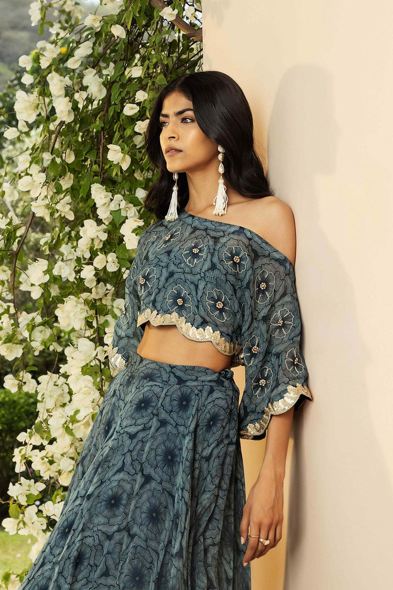 Bahaar Teal Off-Shoulder Lehenga Set