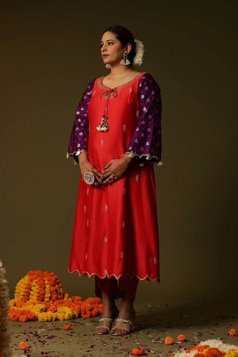 Red Chanderi Silk Kurta Set