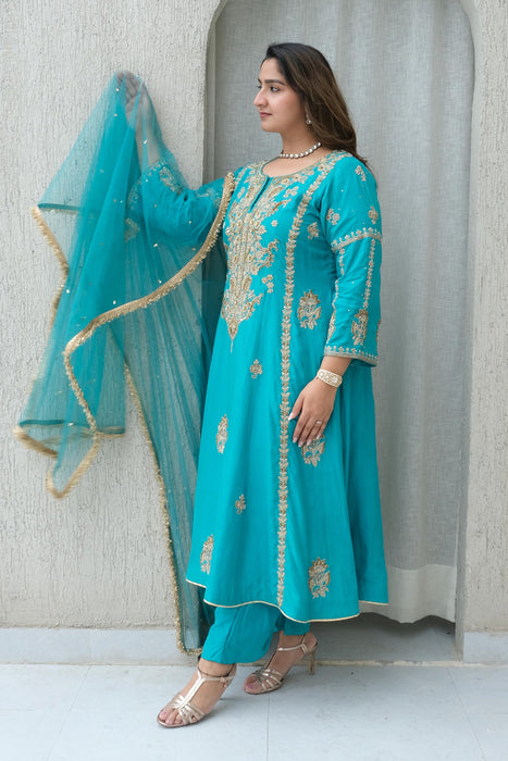 Ferozi Silk Kalidar Set