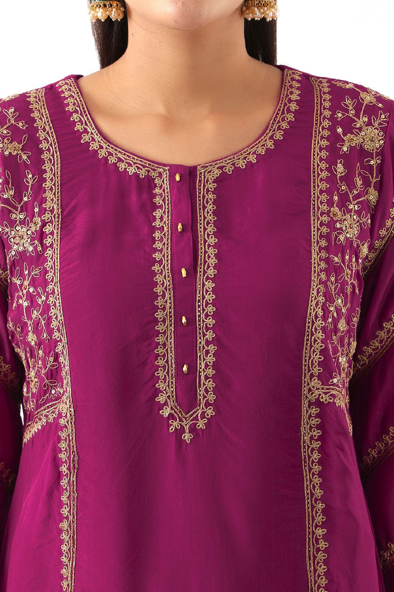 Magenta Pink Dori Embroidered Kurta & Dhoti Set