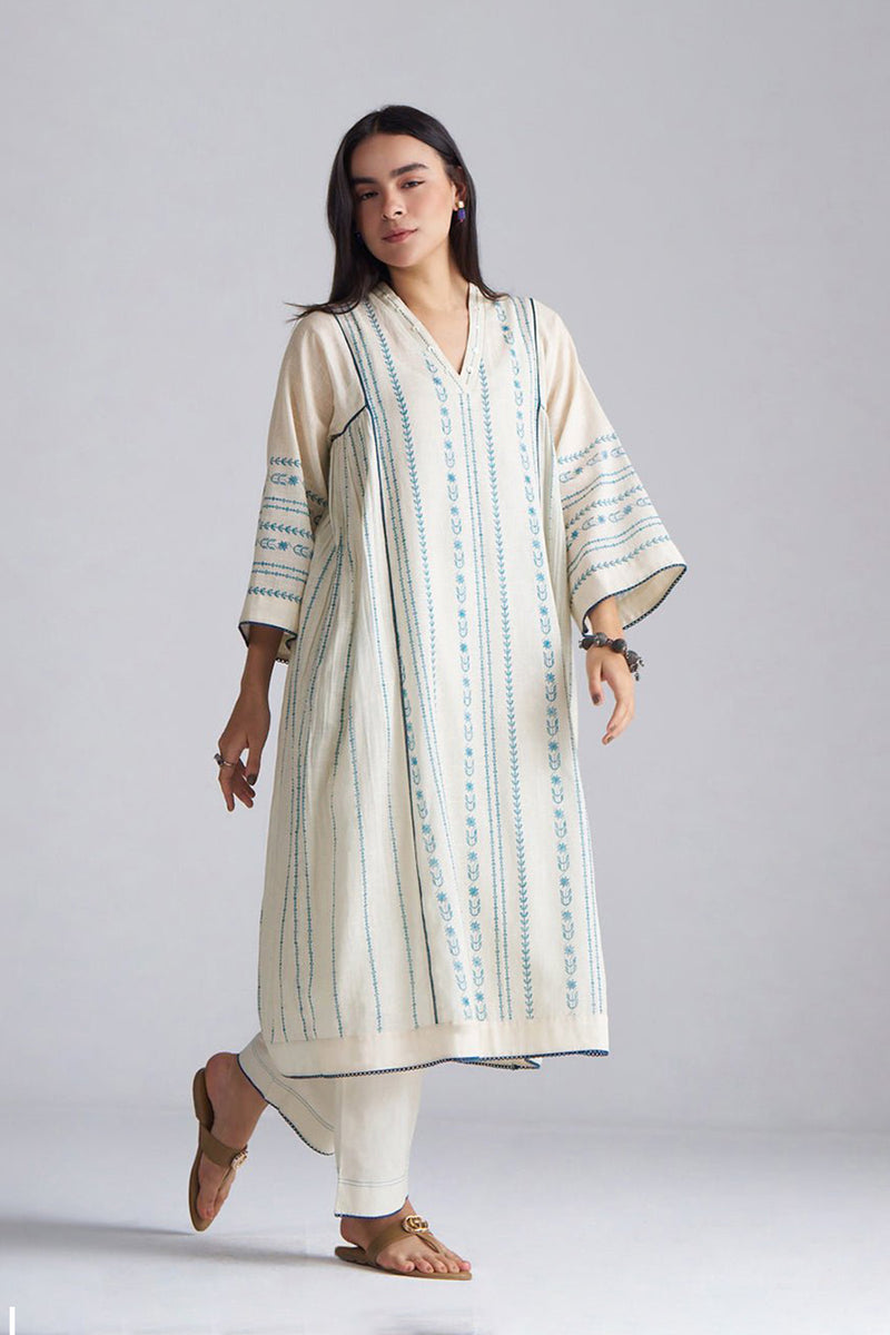 Ivory With Blue Cotton Linen Co-ord Set