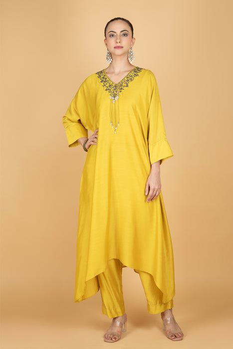 Lime Yellow Hand Embroidered Kaftaan Kurta W/Pants