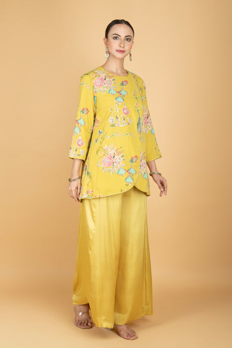 Lemon Yellow Floral Print Embroidered Overlay Top  W/Pants