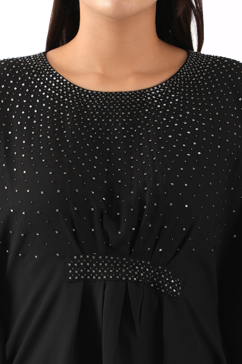 Black embroidered kaftan with belt paired with dhoti